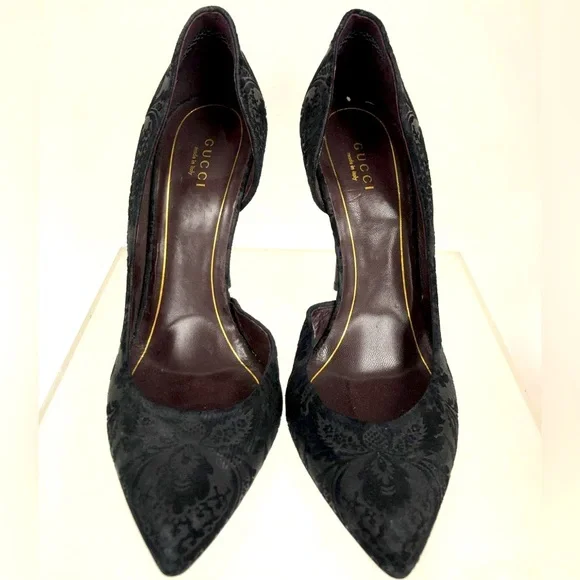 GUCCI Velvet Suede D'orsay Pointed Toe 3.5" Midi Pumps Heels Black Designer 38.5 - Picture 6 of 10